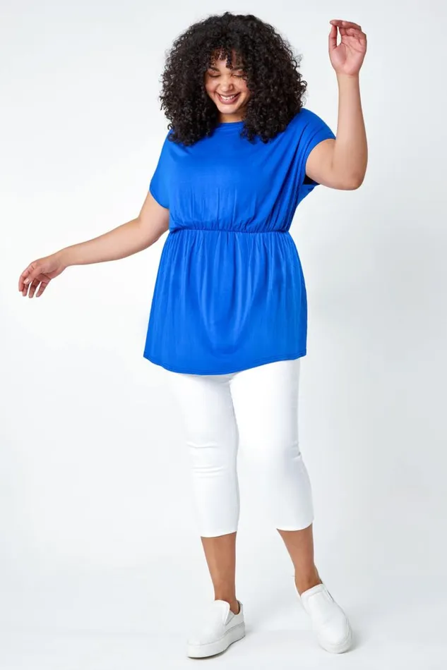 Royal Blue Curve Shirred Waist Tunic Top Women Roman Tops