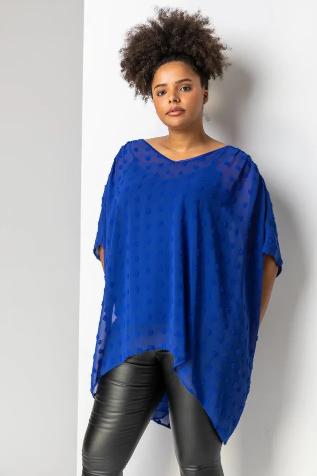 Royal Blue Curve Textured Spot Overlay Top Women Roman Tops