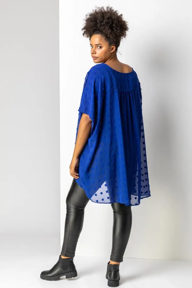 Royal Blue Curve Textured Spot Overlay Top Women Roman Tops