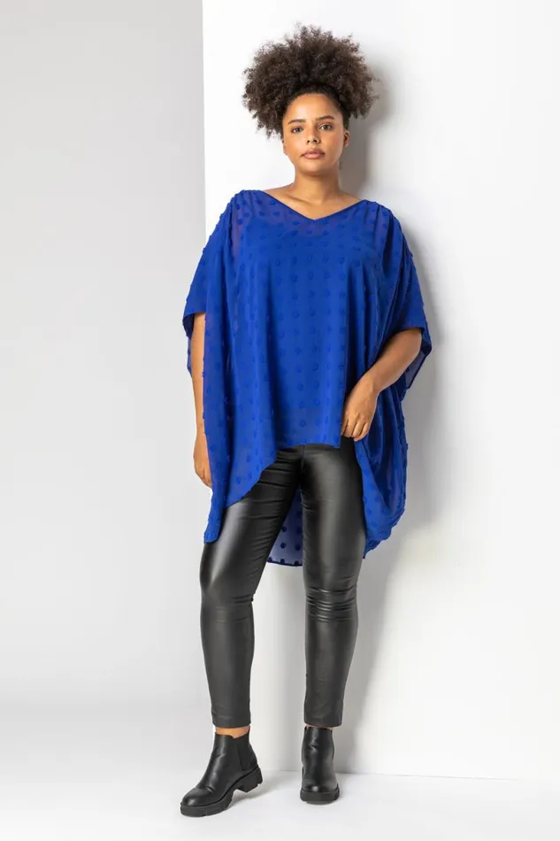 Royal Blue Curve Textured Spot Overlay Top Women Roman Tops