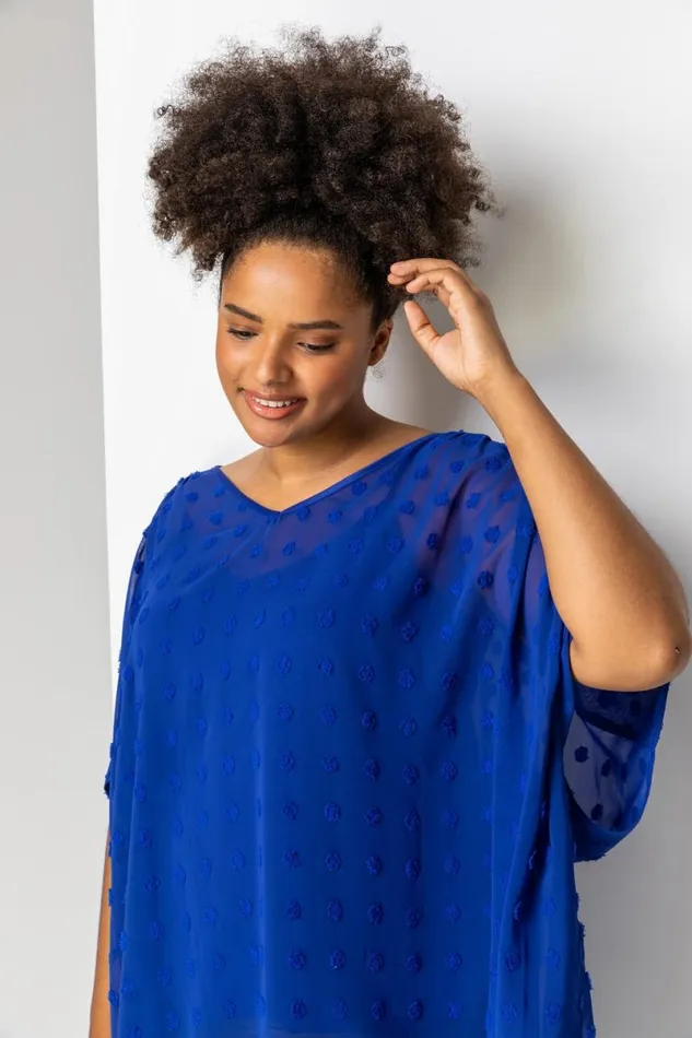 Royal Blue Curve Textured Spot Overlay Top Women Roman Tops