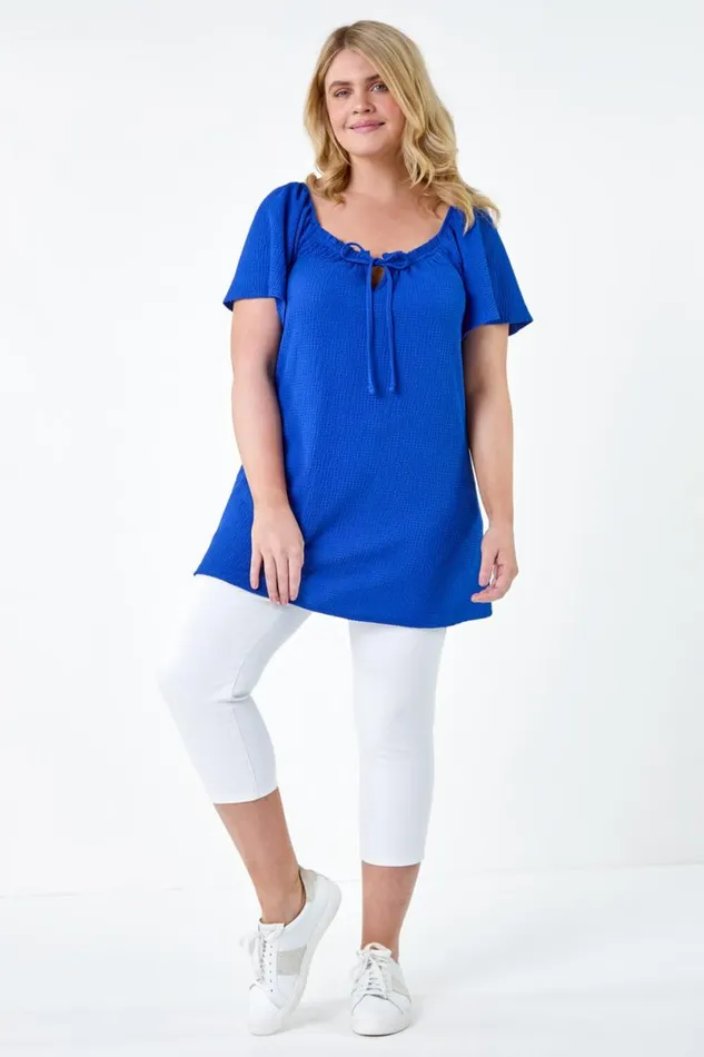 Royal Blue Curve Tie Front Stretch Jersey Top Women Roman Tops