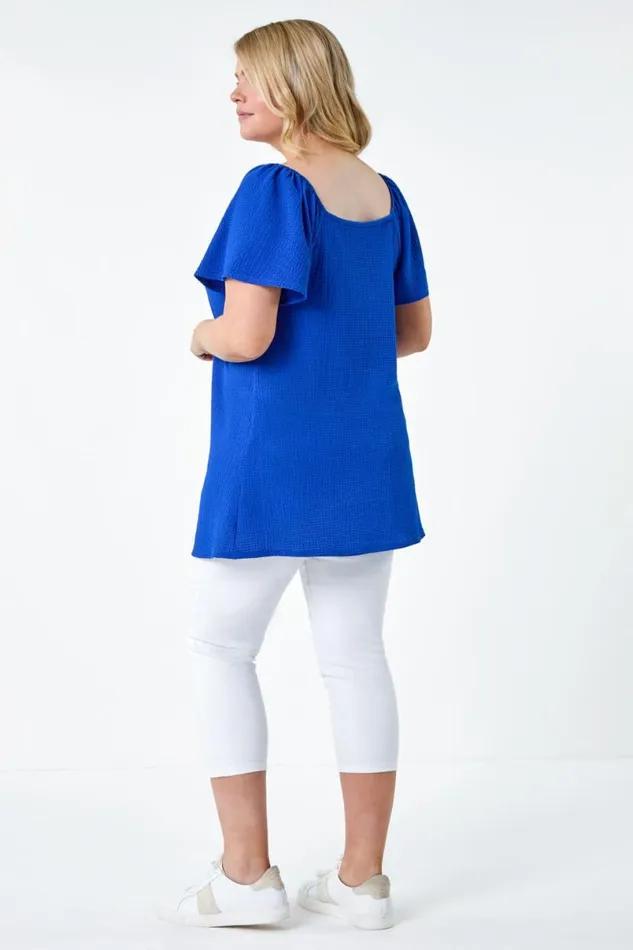Royal Blue Curve Tie Front Stretch Jersey Top Women Roman Tops