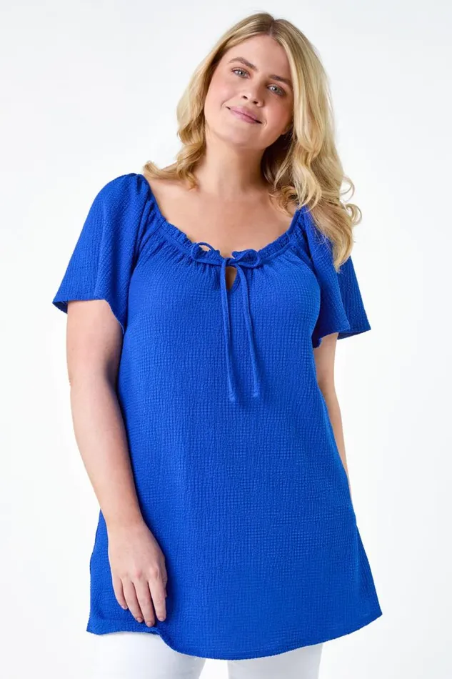Royal Blue Curve Tie Front Stretch Jersey Top Women Roman Tops