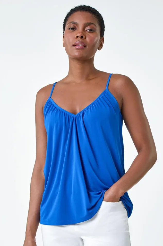 Royal Blue Gathered VNeck Stretch Vest Top Women Roman Tops
