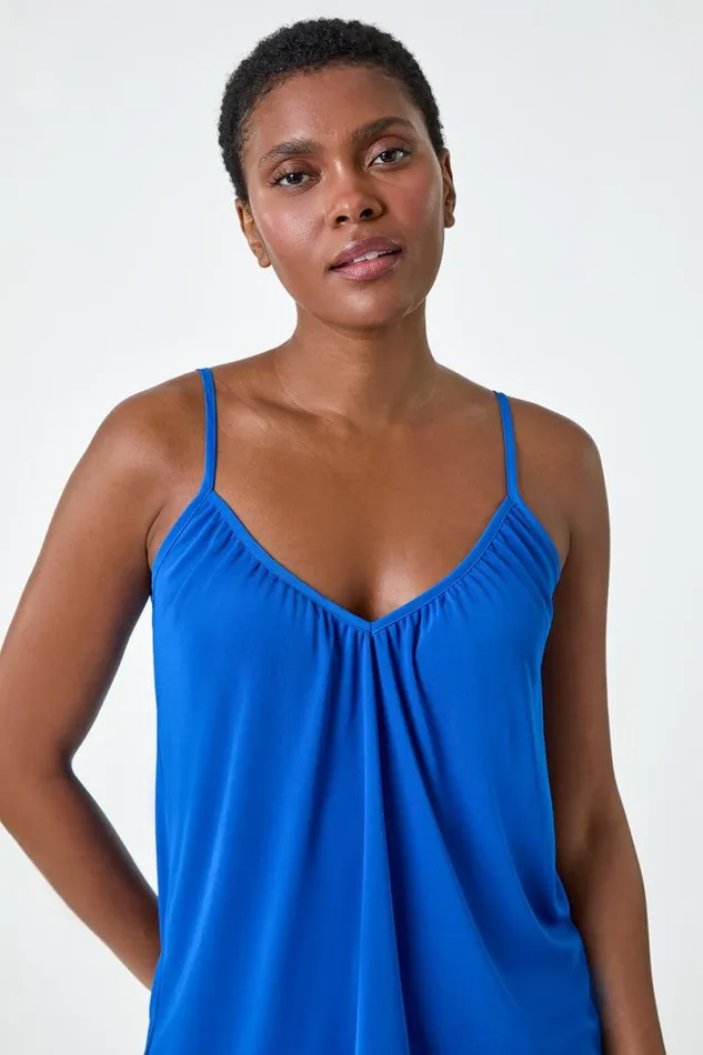 Royal Blue Gathered VNeck Stretch Vest Top Women Roman Tops
