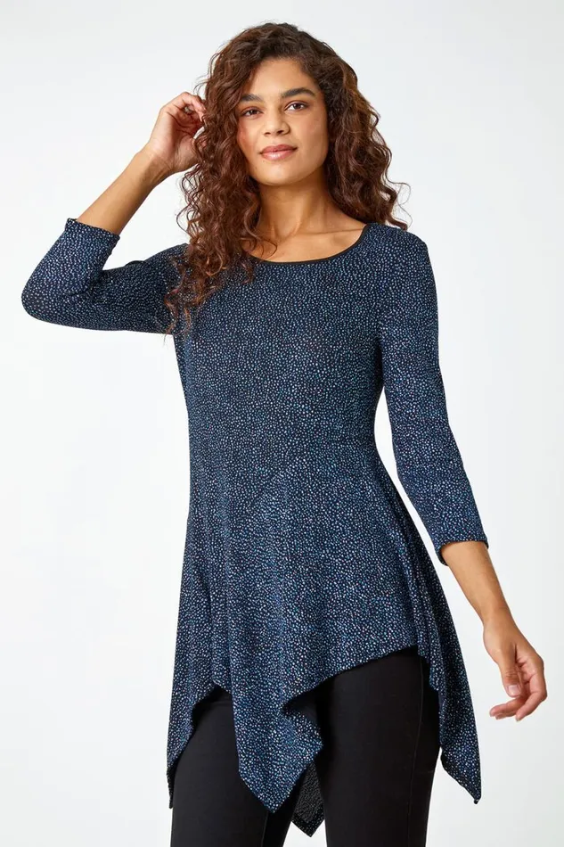 Royal Blue Glitter Hanky Hem Tunic Stretch Top Women Roman Tops