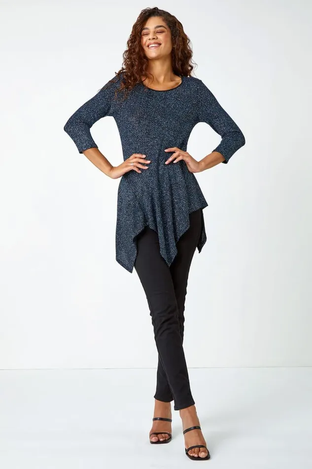 Royal Blue Glitter Hanky Hem Tunic Stretch Top Women Roman Tops