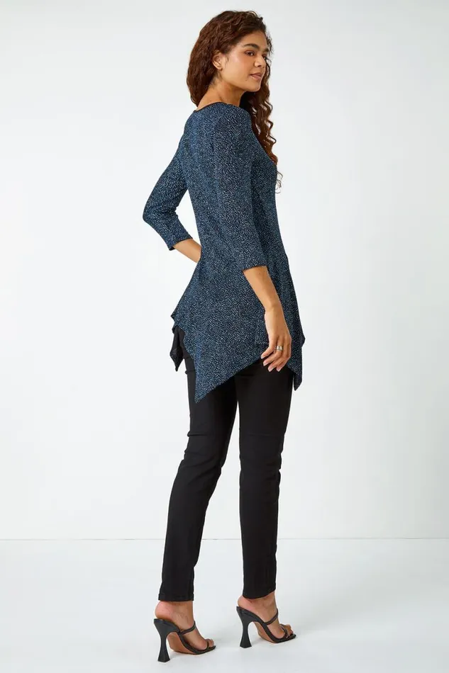 Royal Blue Glitter Hanky Hem Tunic Stretch Top Women Roman Tops