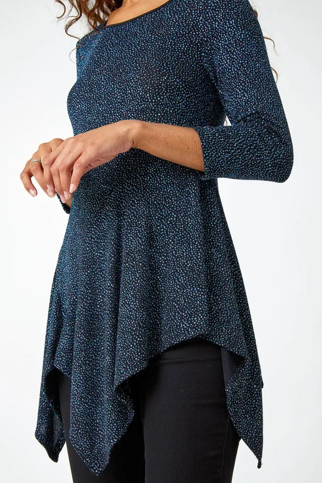 Royal Blue Glitter Hanky Hem Tunic Stretch Top Women Roman Tops