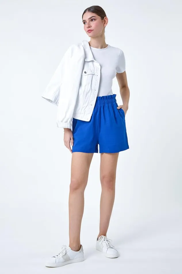 Royal Blue Linen Blend Elastic Waist Pocket Shorts Women Roman Shorts