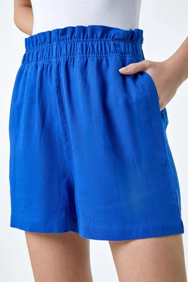 Royal Blue Linen Blend Elastic Waist Pocket Shorts Women Roman Shorts