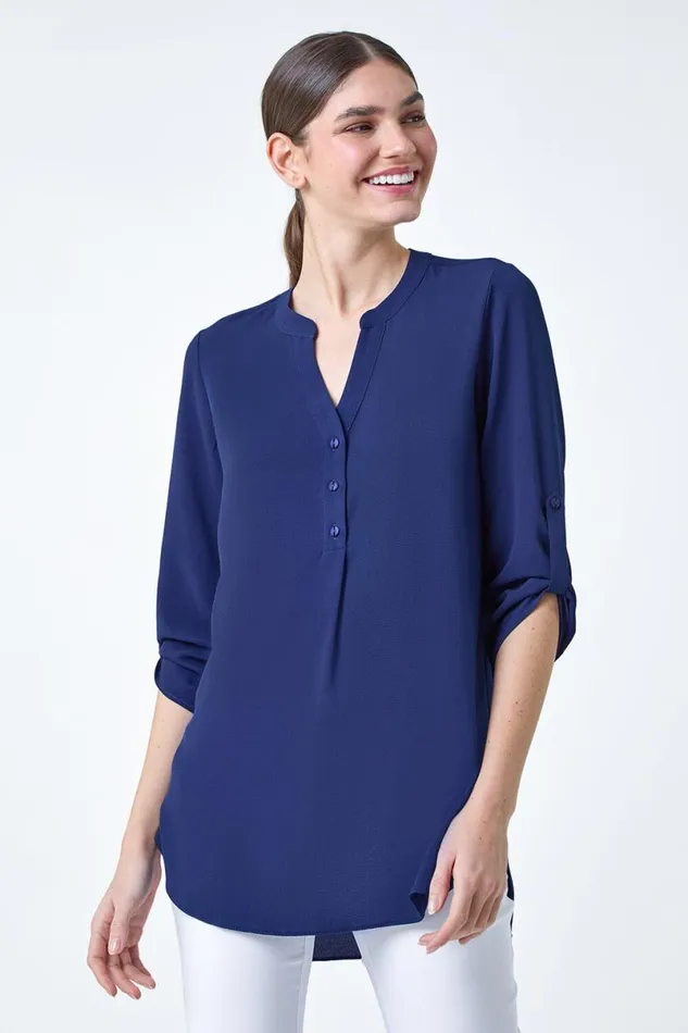Royal Blue Longline Tunic Stretch Blouse Women Roman Tops