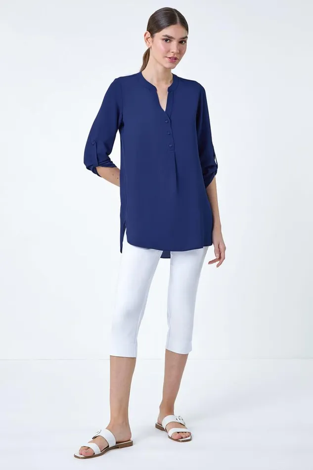 Royal Blue Longline Tunic Stretch Blouse Women Roman Tops