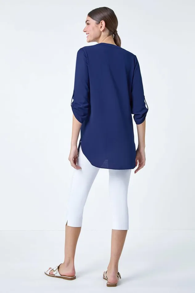 Royal Blue Longline Tunic Stretch Blouse Women Roman Tops