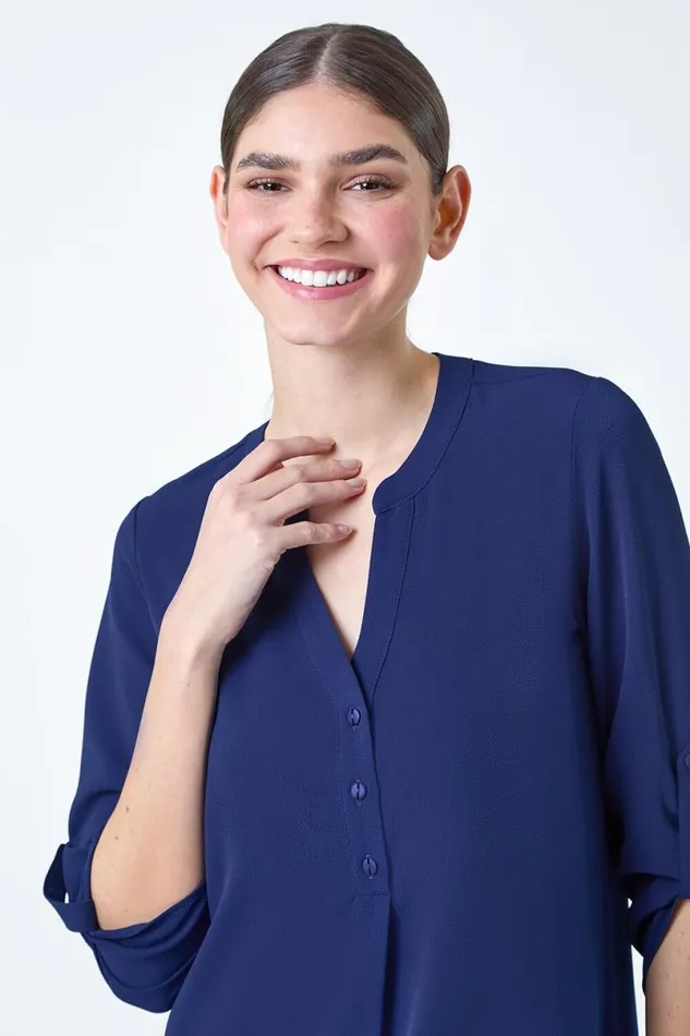 Royal Blue Longline Tunic Stretch Blouse Women Roman Tops
