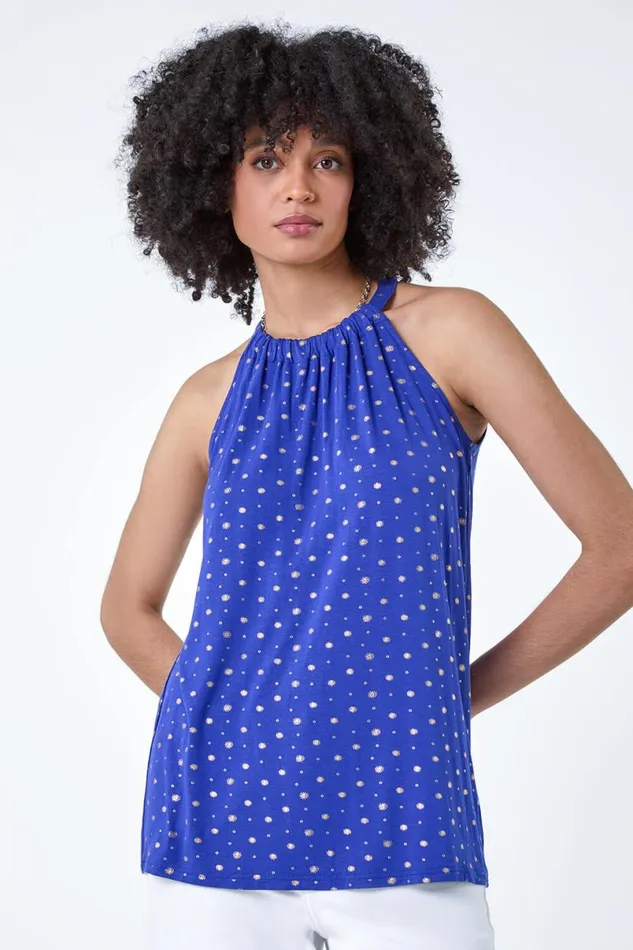 Royal Blue Metallic Foil Sun Halter Neck Top Women Roman Tops