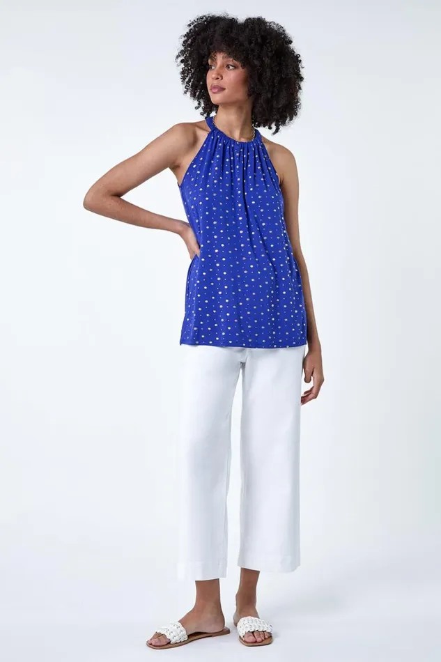 Royal Blue Metallic Foil Sun Halter Neck Top Women Roman Tops