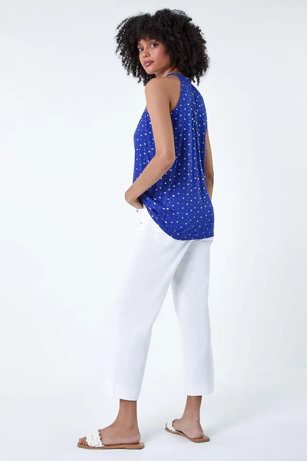 Royal Blue Metallic Foil Sun Halter Neck Top Women Roman Tops