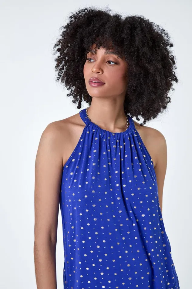 Royal Blue Metallic Foil Sun Halter Neck Top Women Roman Tops