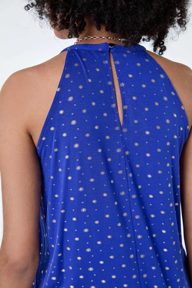 Royal Blue Metallic Foil Sun Halter Neck Top Women Roman Tops