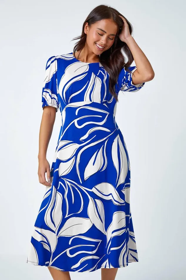 Royal Blue Petite Leaf Stretch Midi Dress Women Roman Dresses