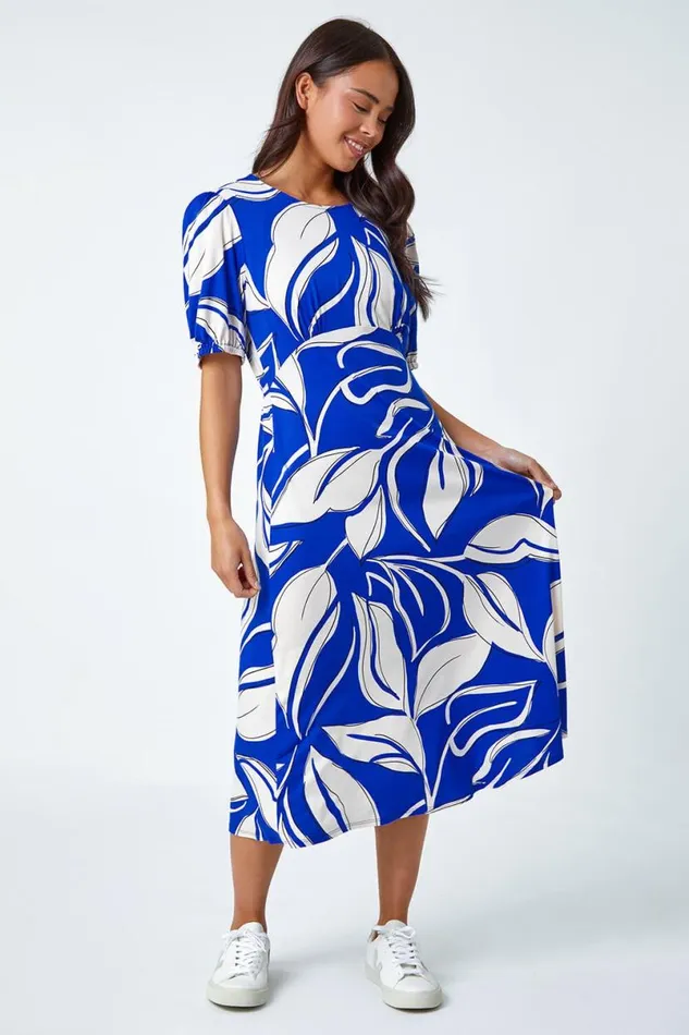 Royal Blue Petite Leaf Stretch Midi Dress Women Roman Dresses
