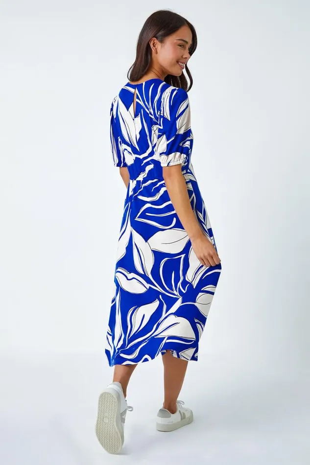 Royal Blue Petite Leaf Stretch Midi Dress Women Roman Dresses