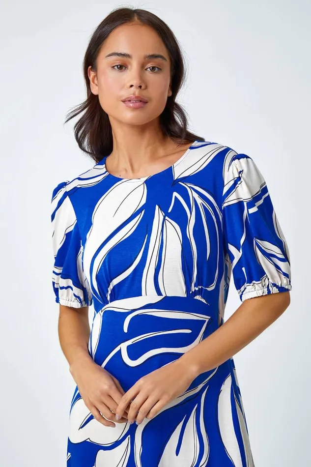 Royal Blue Petite Leaf Stretch Midi Dress Women Roman Dresses