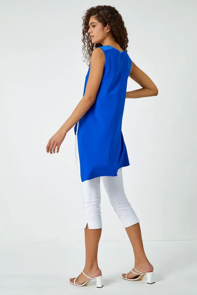 Royal Blue Sleeveless Asymmetric Satin Split Tunic Top Women Roman Tops