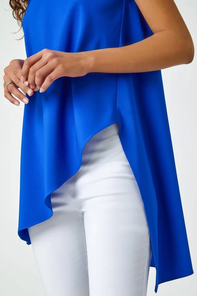 Royal Blue Sleeveless Asymmetric Satin Split Tunic Top Women Roman Tops