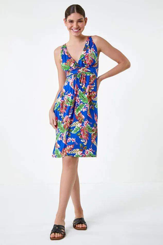 Royal Blue Tropical Floral Stretch Jersey Dress Women Roman Dresses
