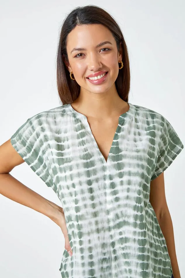 Sage Cotton Tie Dye Print VNeck Top Women Roman Tops