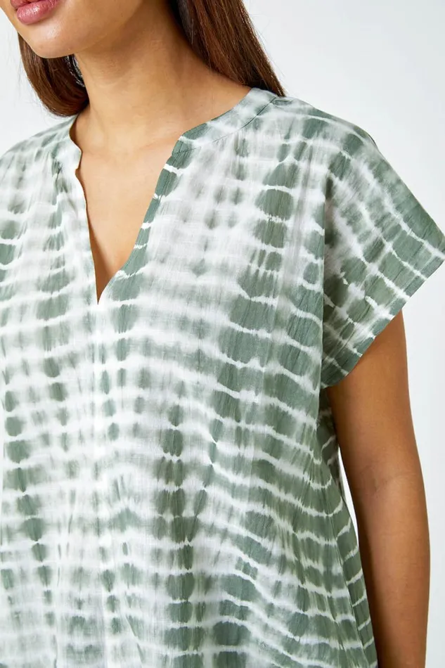Sage Cotton Tie Dye Print VNeck Top Women Roman Tops