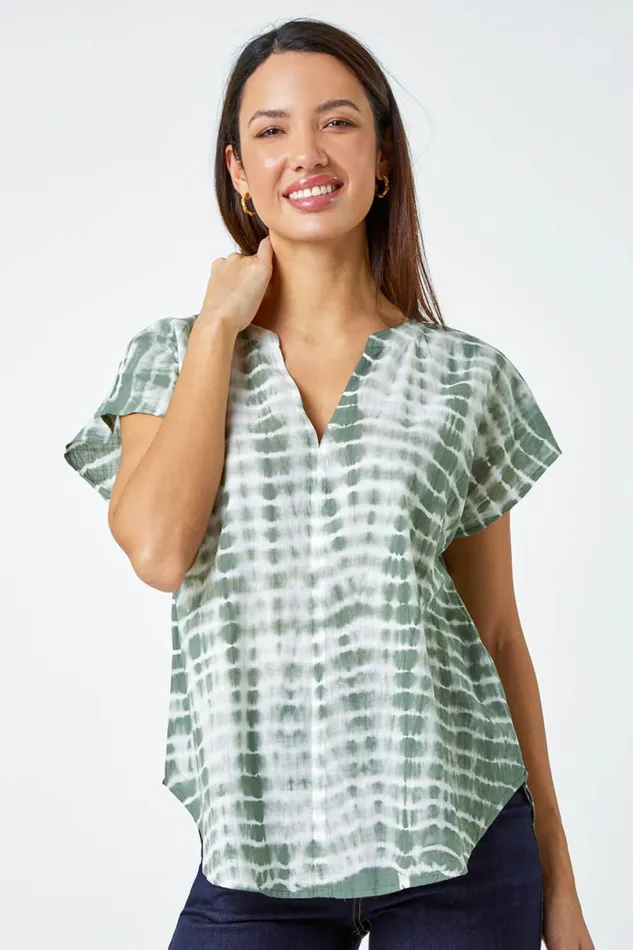 Sage Cotton Tie Dye Print VNeck Top Women Roman Tops