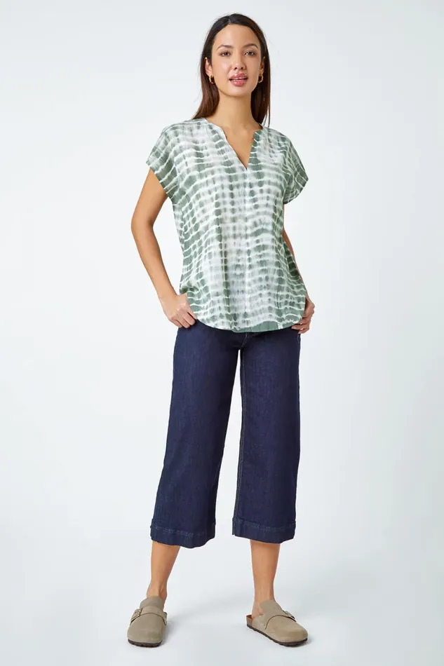 Sage Cotton Tie Dye Print VNeck Top Women Roman Tops