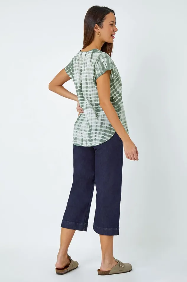 Sage Cotton Tie Dye Print VNeck Top Women Roman Tops