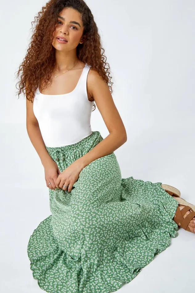 Sage Ditsy Floral Frill Hem Midi Skirt Women Roman Skirts