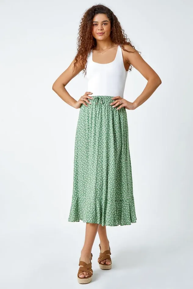 Sage Ditsy Floral Frill Hem Midi Skirt Women Roman Skirts