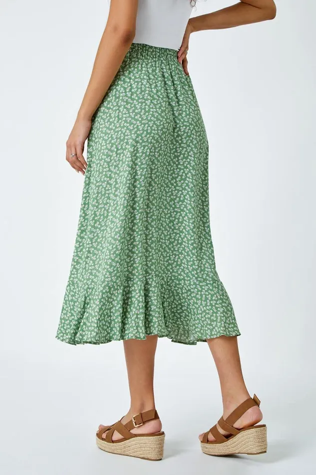 Sage Ditsy Floral Frill Hem Midi Skirt Women Roman Skirts