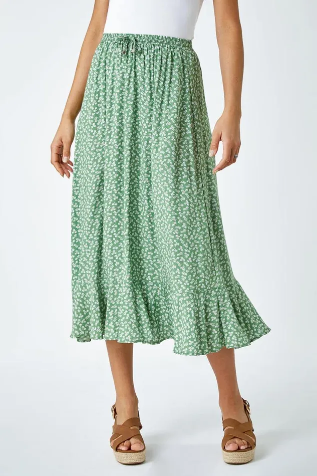 Sage Ditsy Floral Frill Hem Midi Skirt Women Roman Skirts