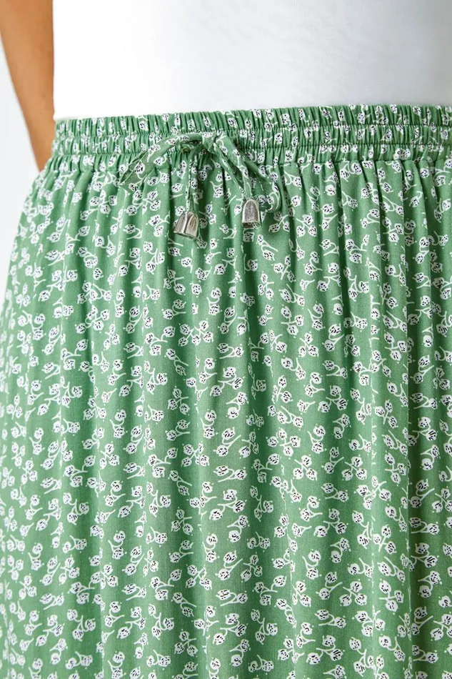 Sage Ditsy Floral Frill Hem Midi Skirt Women Roman Skirts