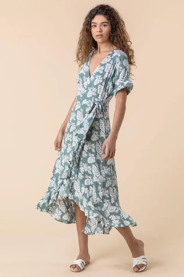 Sage Leaf Print Wrap Midi Dress Women Roman Dresses