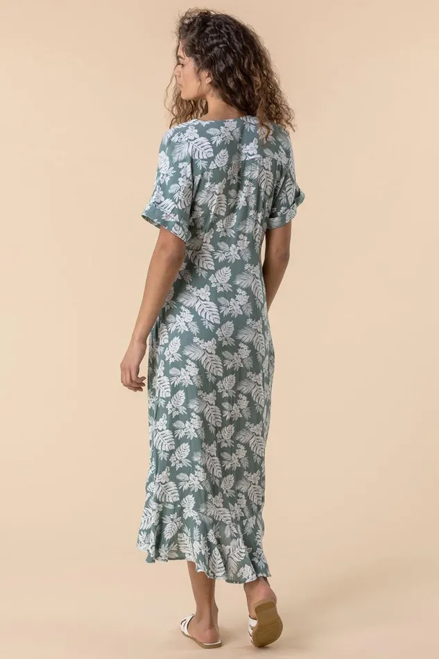 Sage Leaf Print Wrap Midi Dress Women Roman Dresses