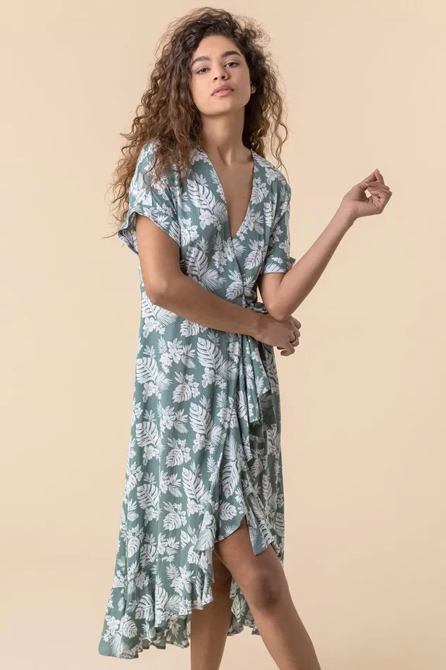 Sage Leaf Print Wrap Midi Dress Women Roman Dresses