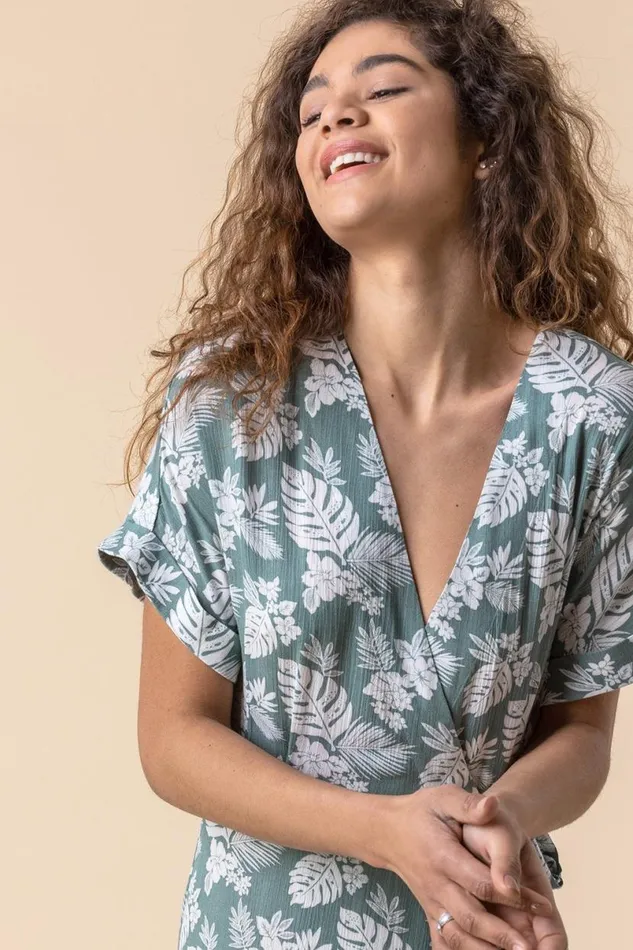 Sage Leaf Print Wrap Midi Dress Women Roman Dresses