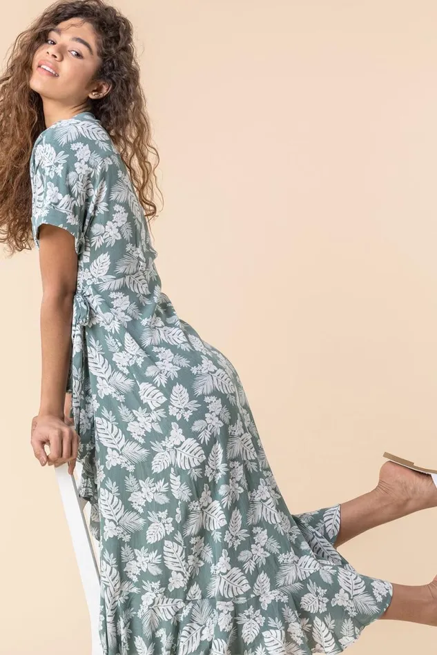 Sage Leaf Print Wrap Midi Dress Women Roman Dresses