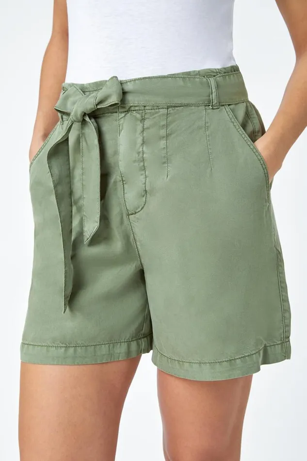 Sage Relaxed Elastic Tie Waist Pocket Shorts Women Roman Trousers