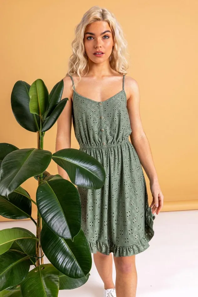 Sage Strappy Frill Hem Skater Dress Women Roman Dresses