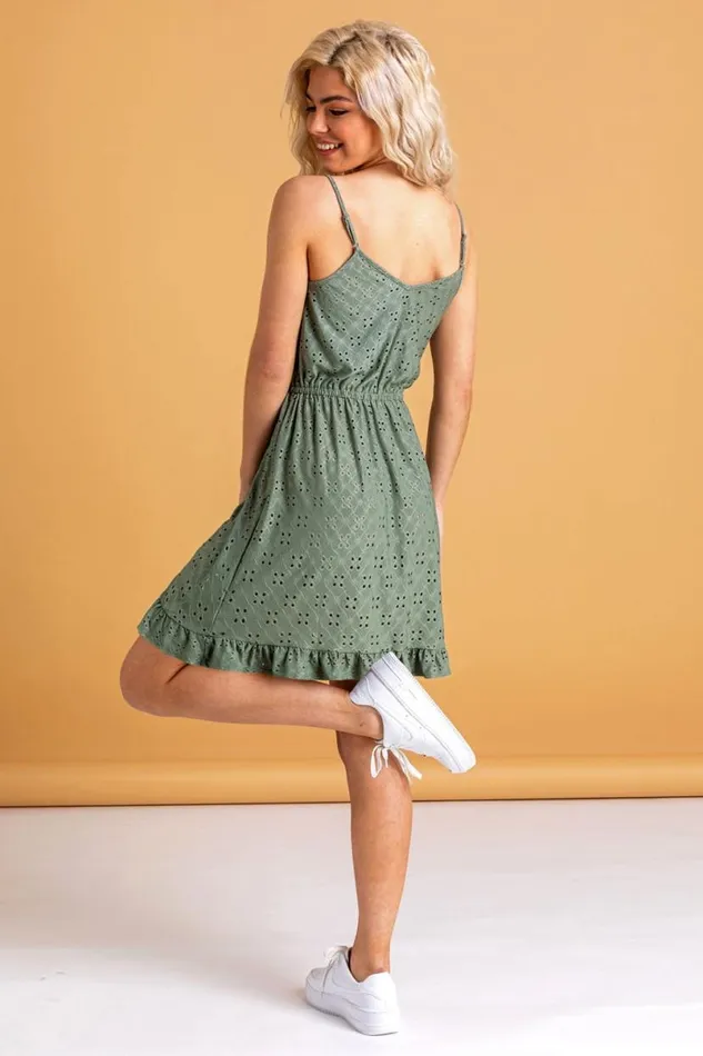 Sage Strappy Frill Hem Skater Dress Women Roman Dresses